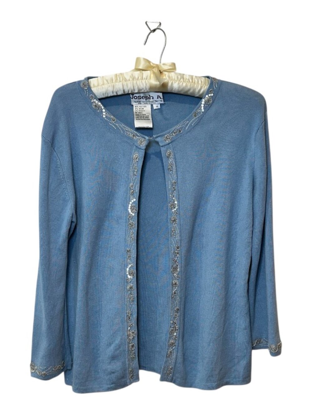 Joseph A QU'EST CEQUE'EST SILK? Hook Cardigan Rosette Trim Beads M Blue Coquette